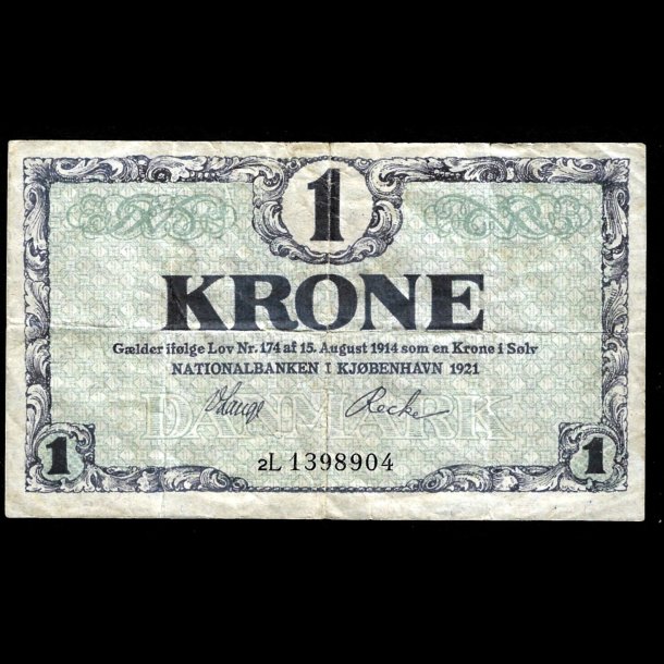 Danmark 1-krone 1921-2L Sieg 117 kval. 1-/VG 