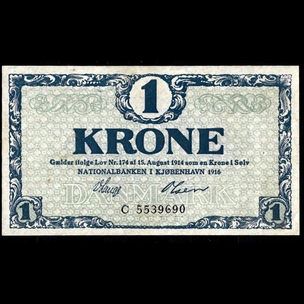 Danmark 1-krone 1916-C Sieg 117 kval. UNC/0 ufoldet, flot!!