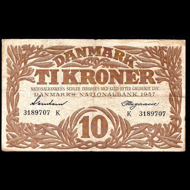 Danmark 10-kroner 1937-K Sieg 105 kval. 1-/VG